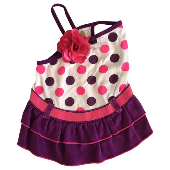 Wag-A-Tude Dog Dress Size S Purple Pink Polka Dot Denim Ruffle Pet Clothing - Picture 1 of 10